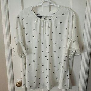 VAN HEUSEN BLACK & WHITE BIRD PRINT FLUTTER SS BLOUSE, XXL; LIKE NEW